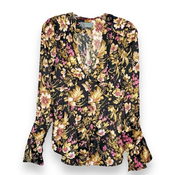 Anthropologie Deep-V Tunic Floral Black Motif Blouse Top Button Corset Peplum S - Picture 3 of 12